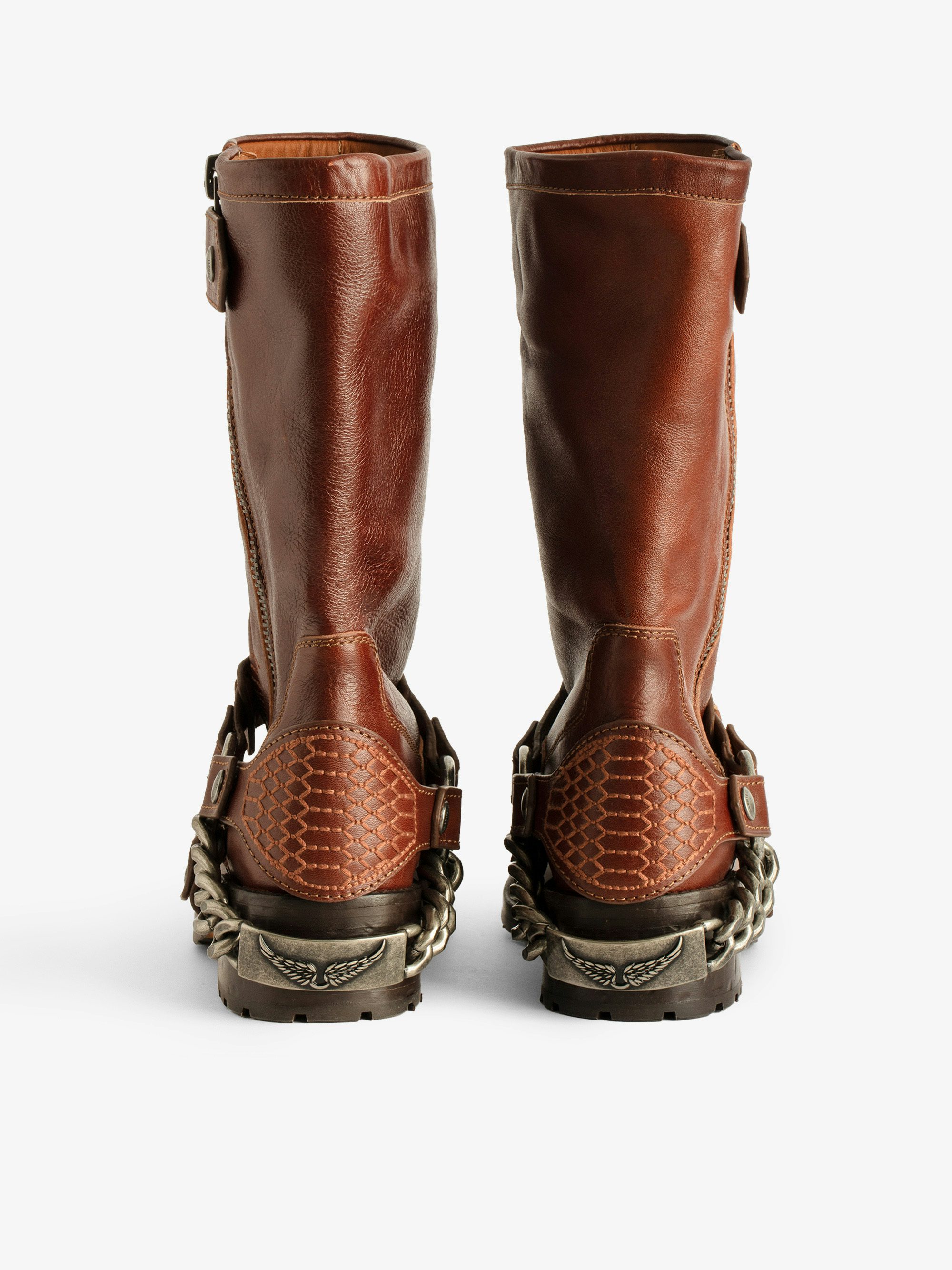 Igata Boots - Camel vegetable-tanned leather high boots adorned with metal curb chains.